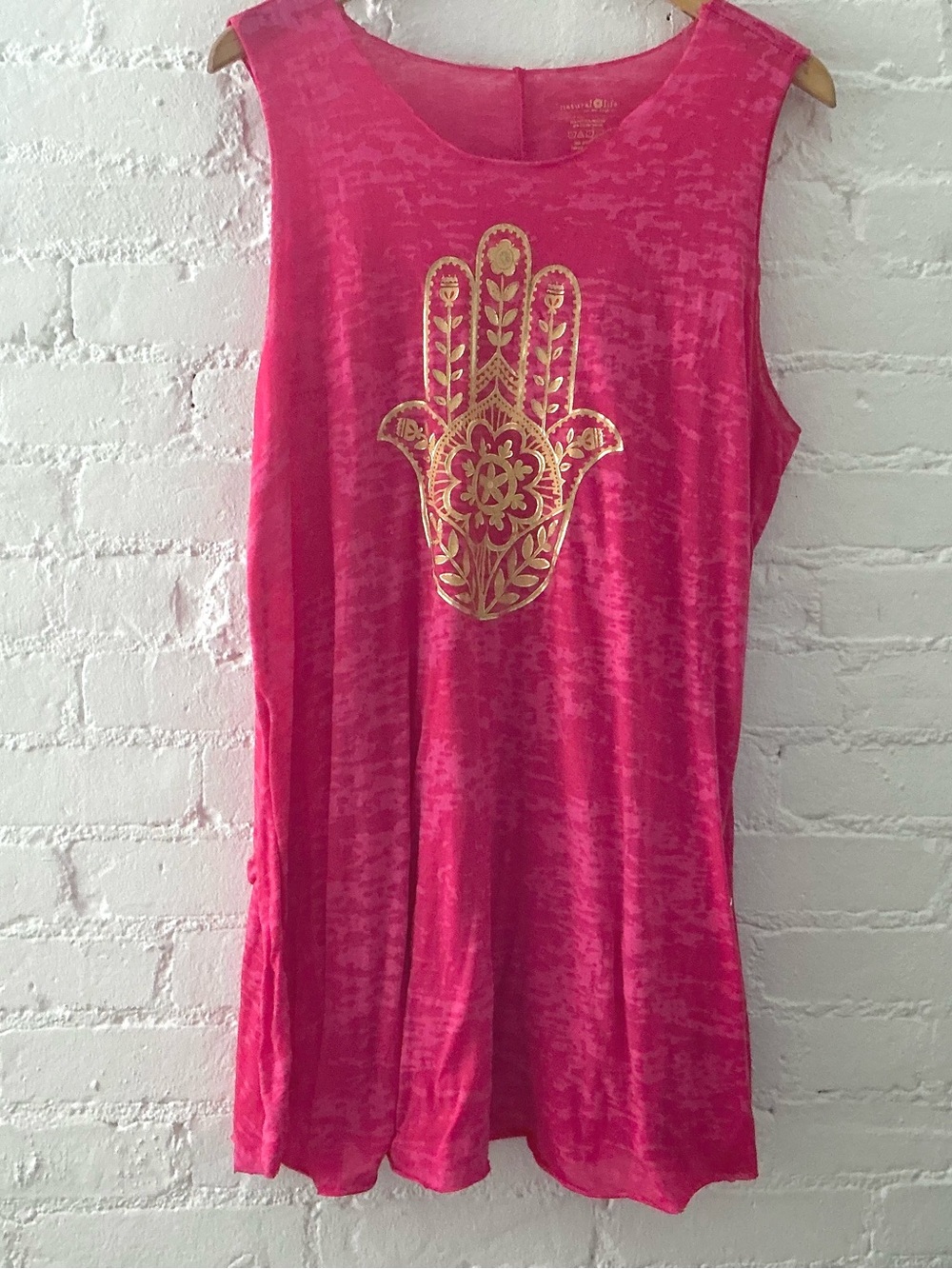 Natural Life Upcycled Burnout Tunic Top Tee Graphic Metallic Gold Hamsa Hand OS